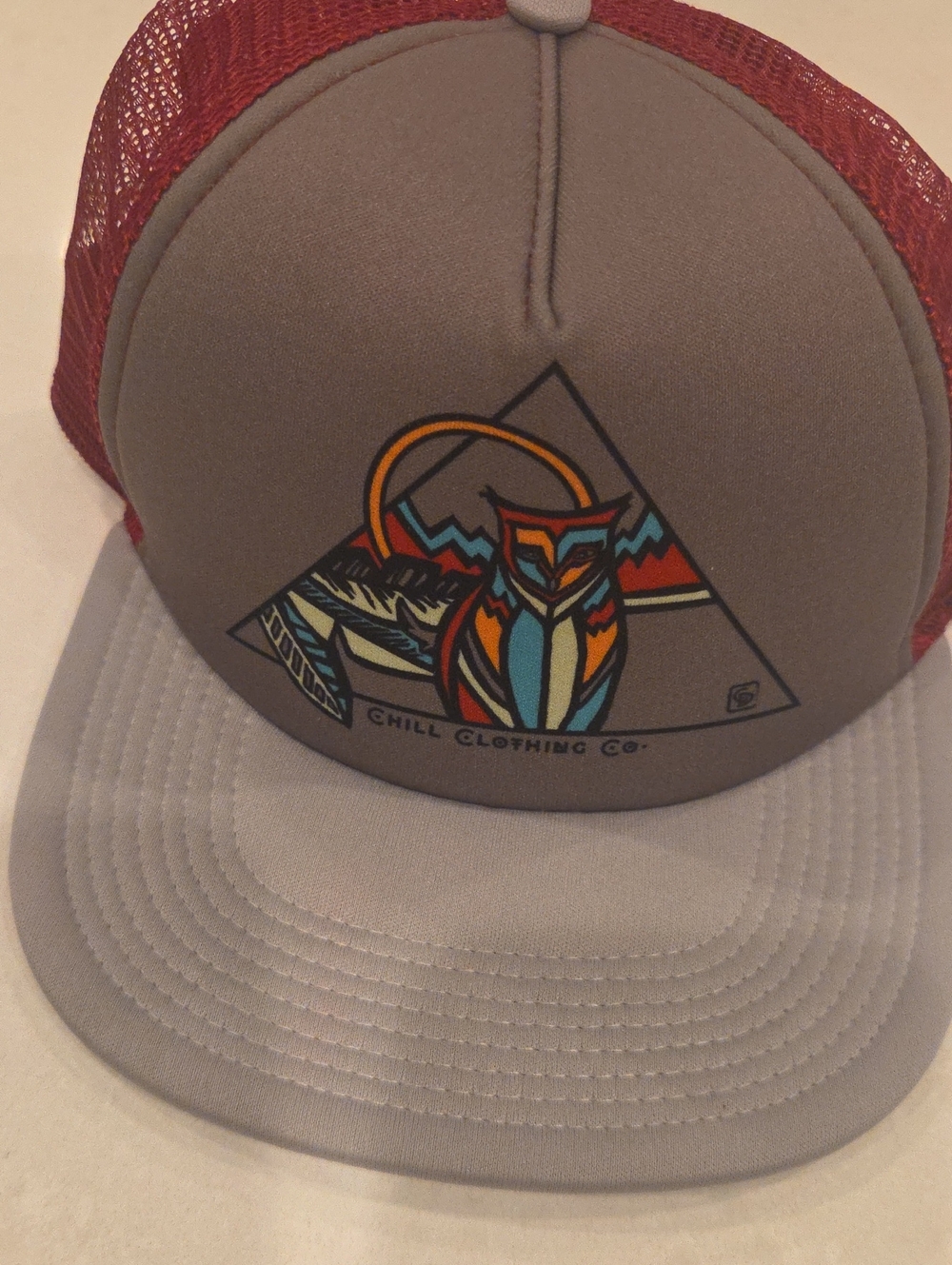 Chill Clothing Co. Women's Grey and Red Mesh Graphic Trucker Hat